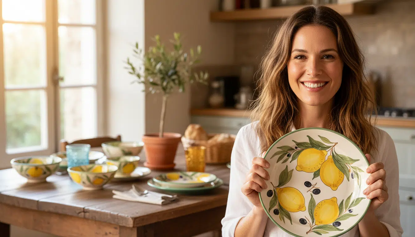 Femme tenant une assiette Primark motif citrons méditerranéens