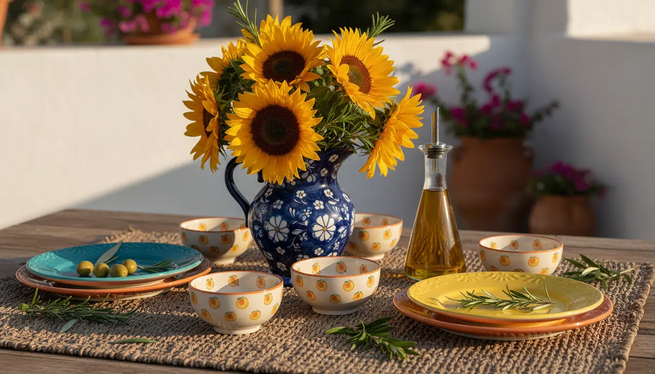 Table dressée avec vaisselle méditerranéenne Primark colorée