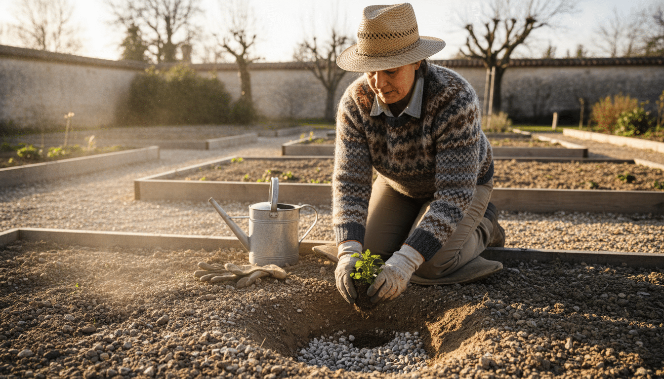 Jardinière plantant une vivace dans un sol drainé en fin d'hiver