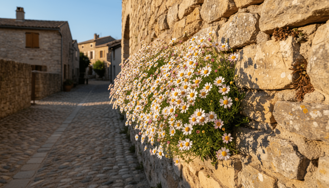 Érigéron en fleurs poussant dans un vieux mur de pierre