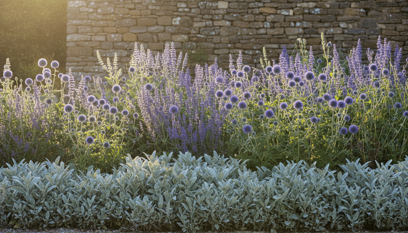 Massif sec avec chardons bleus pérovskia et stachys en été