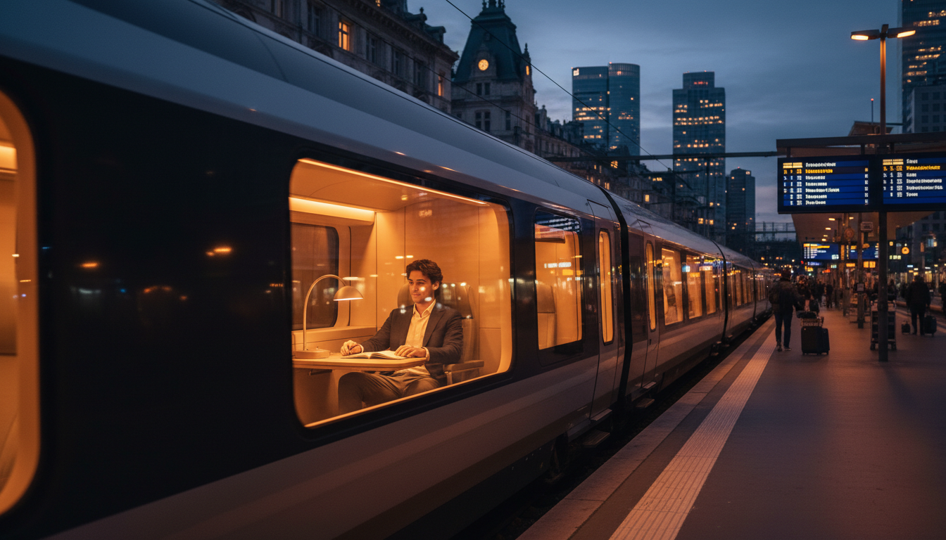 Train de nuit moderne traversant une ville européenne au crépuscule