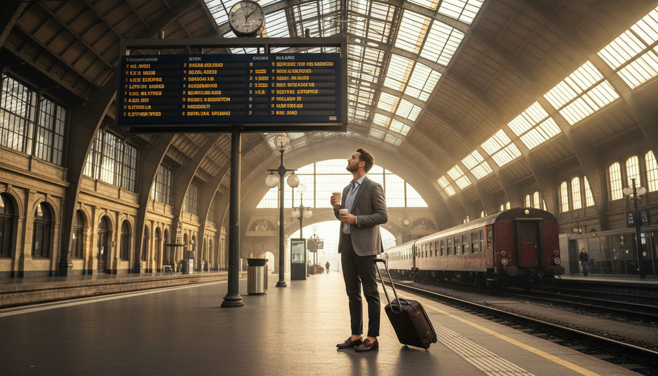 Voyageur d'affaires sur un quai de gare européenne au lever du soleil