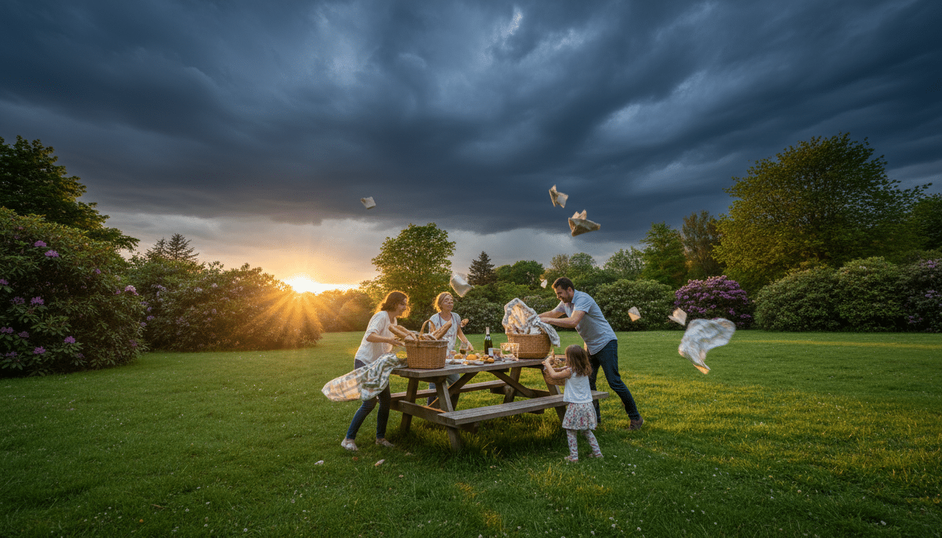 Famille rangeant un pique-nique sous un ciel orageux de mai