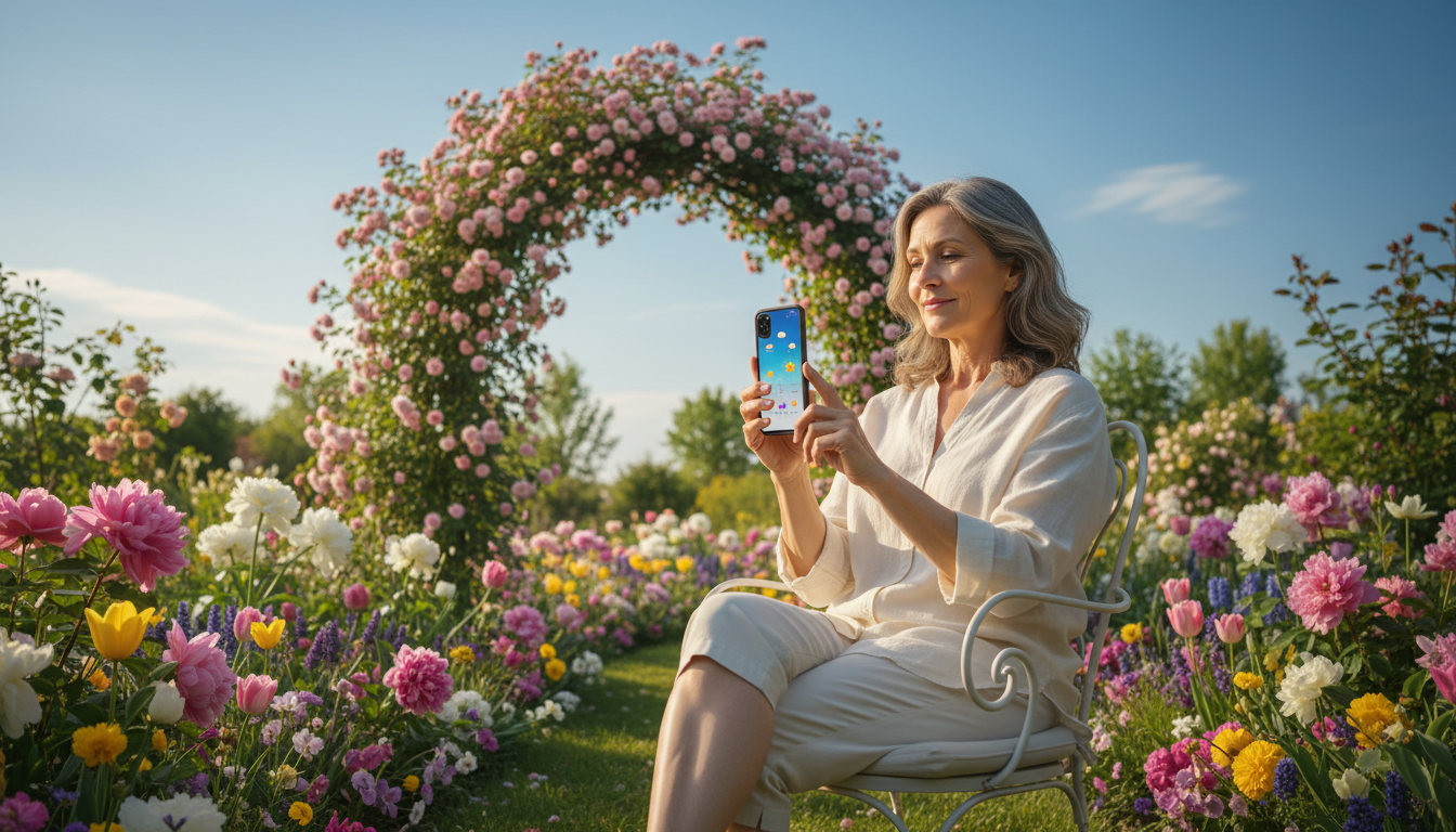 Femme consultant la météo au jardin sous le soleil de fin mai