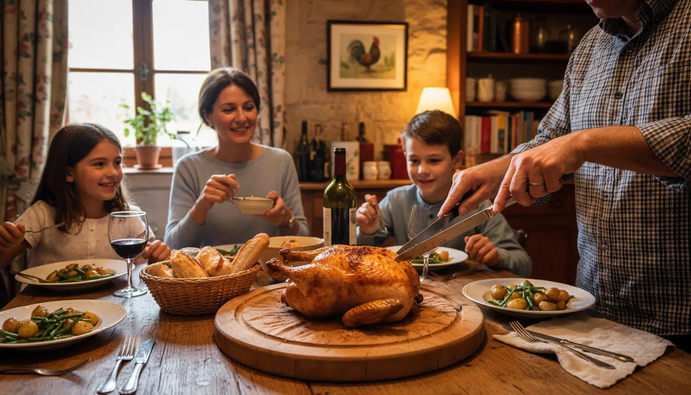 Famille française partageant un poulet rôti à table