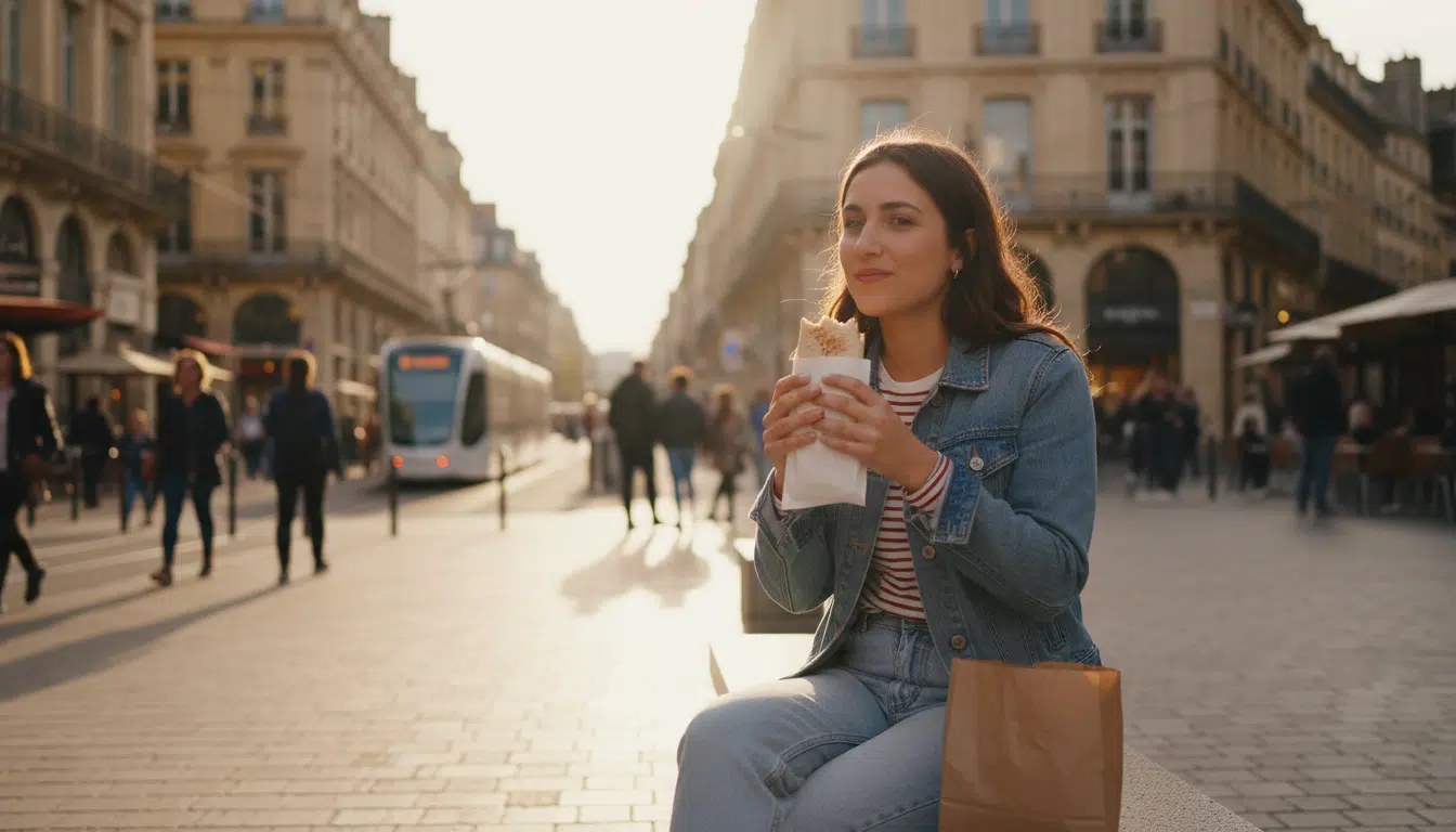 Étudiante mangeant un wrap au poulet à Bordeaux