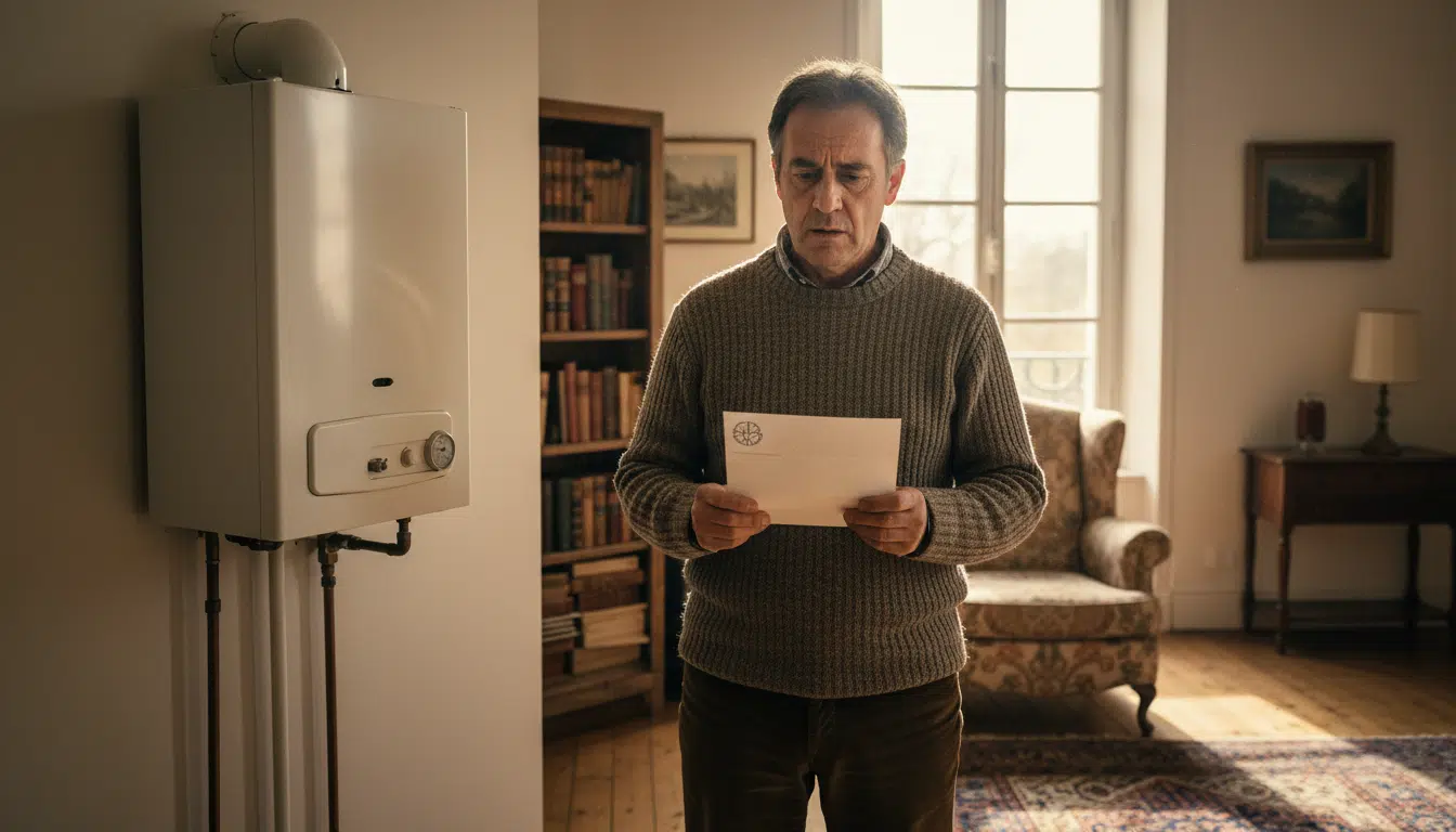 Propriétaire inquiet devant sa chaudière à gaz