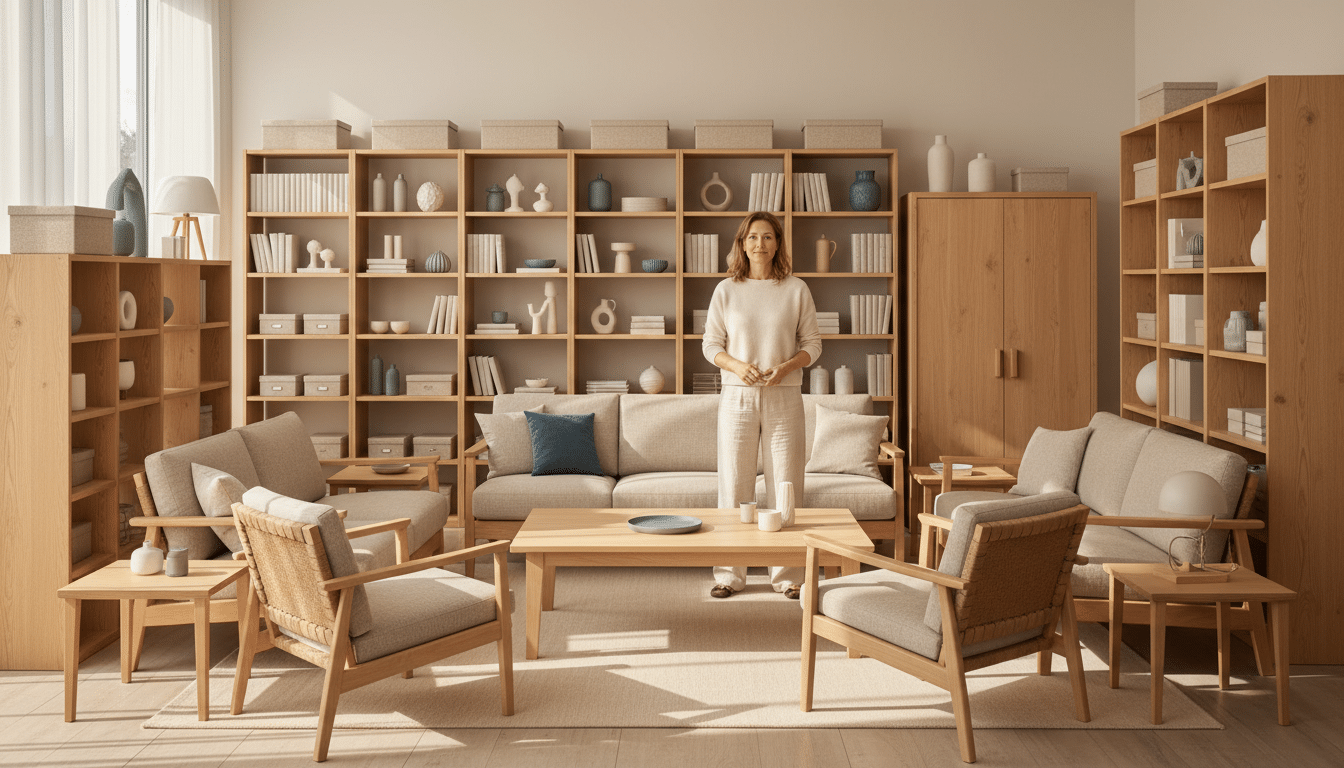 Salon meublé entièrement en chêne blond style scandinave