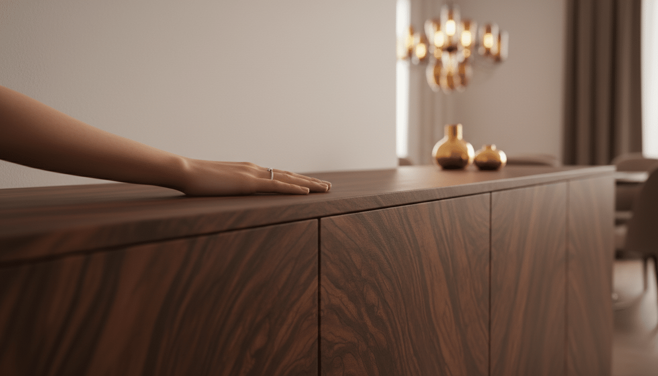 Buffet en bois fumé thermo-chauffé finition mate dans salle à manger