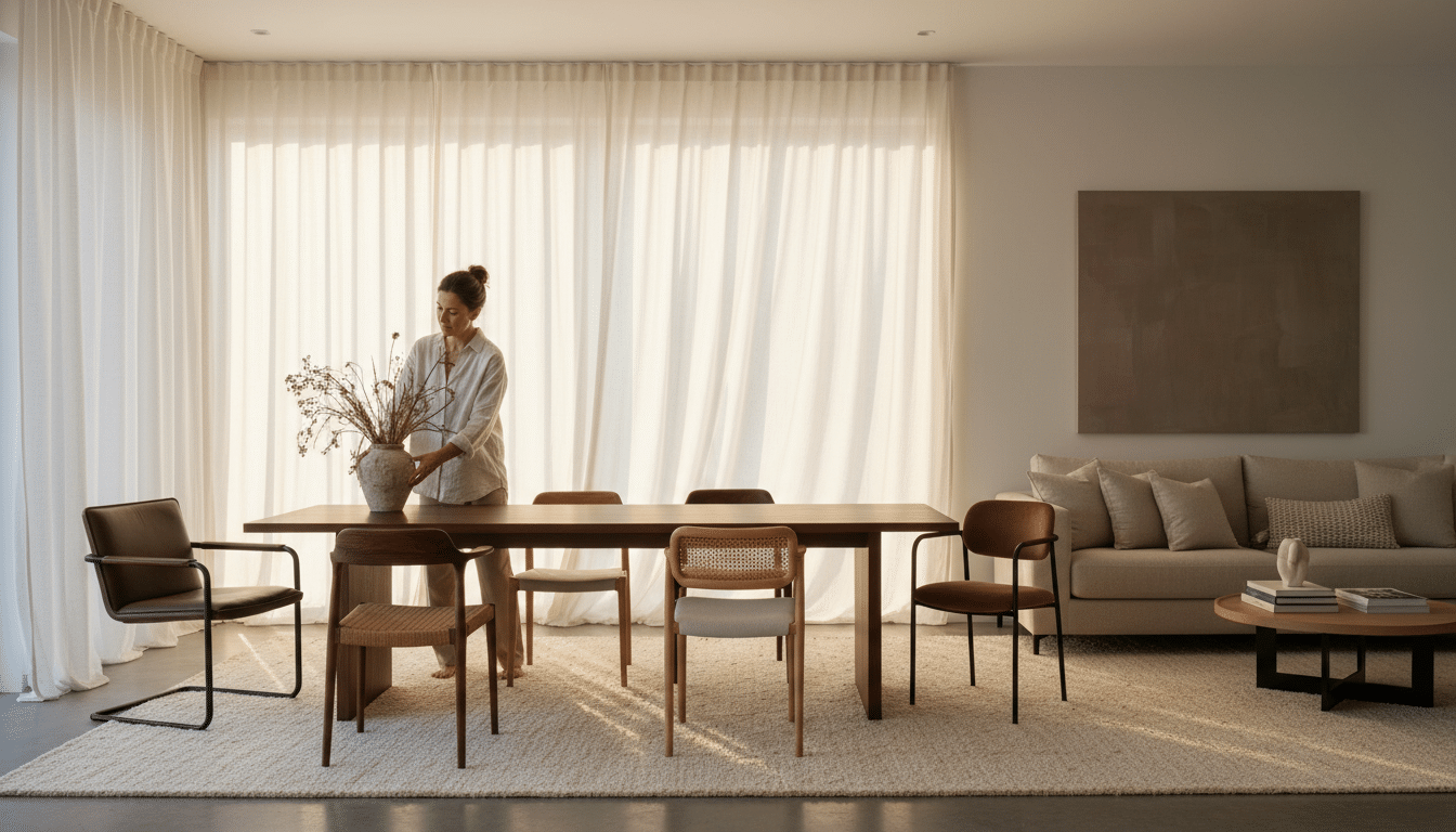 Table en noyer contrastée avec textiles clairs dans un salon lumineux