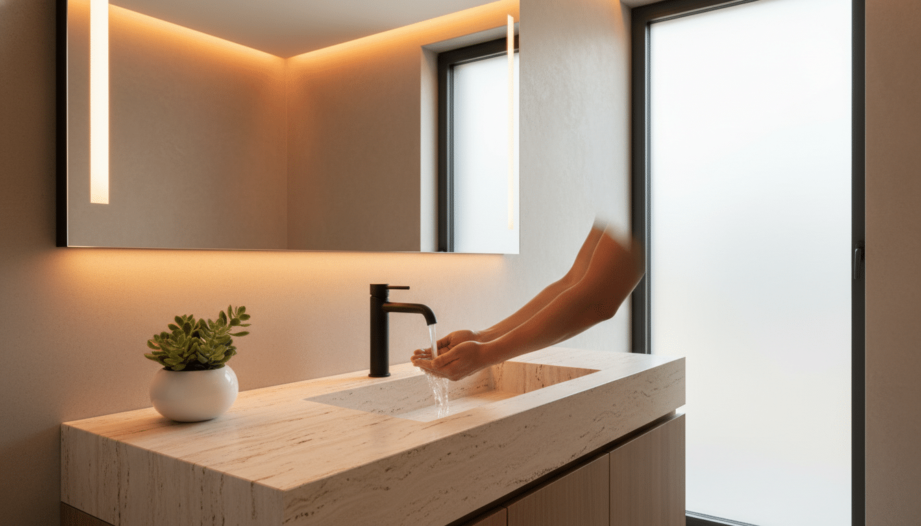 Robinet noir mat sur plan en travertin moderne