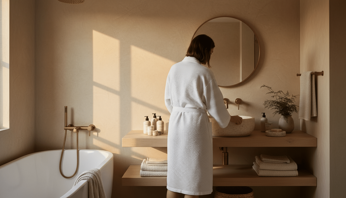 Salle de bain Japandi avec robinetterie en laiton brossé