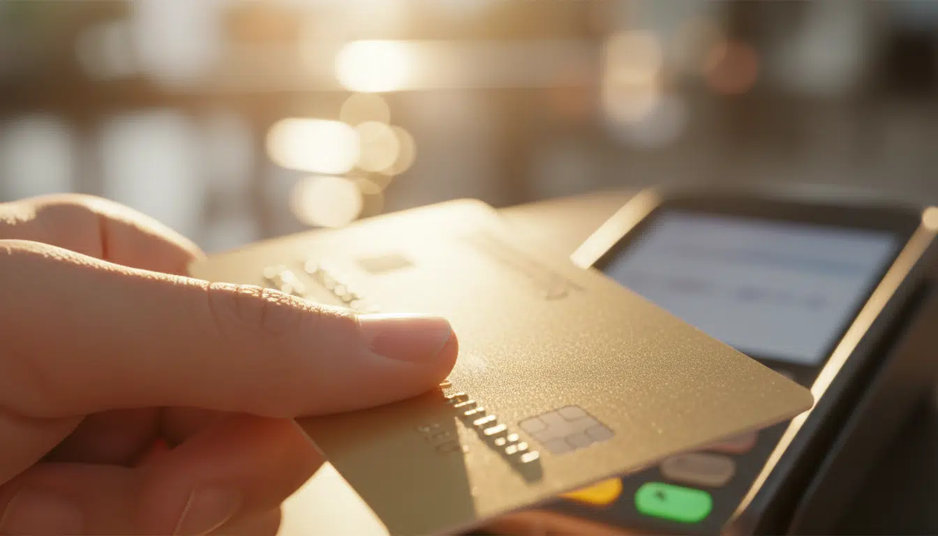 Pouce posé sur le capteur biométrique d'une carte bancaire