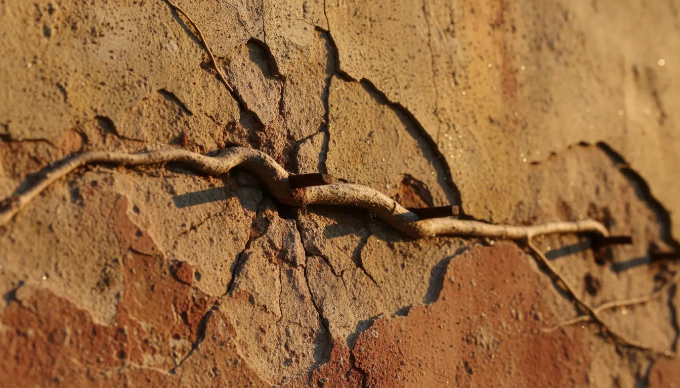 Racines de lierre abîmant un crépi ancien