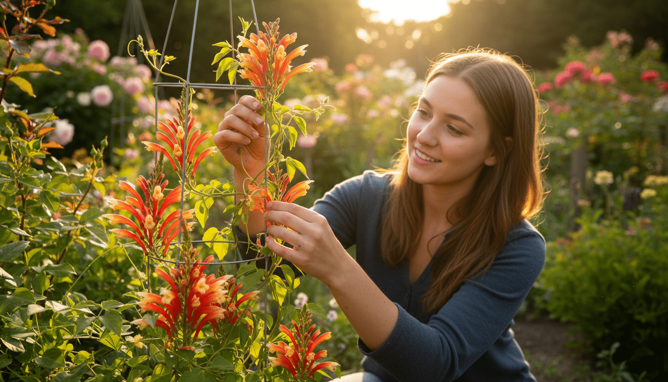 Femme guidant une liane Mina lobata sur un treillis