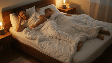 Couple au lit avec couette volée et frustration nocturne