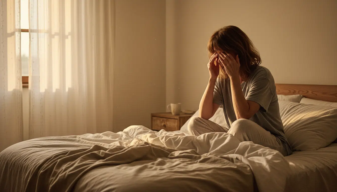 Femme fatiguée assise au bord du lit le matin