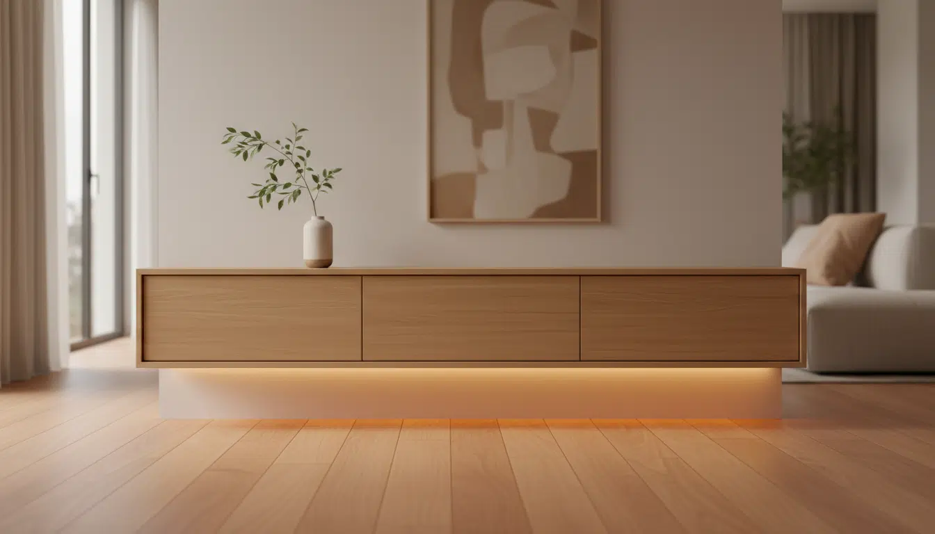 Meuble TV suspendu en bois clair fixé au mur