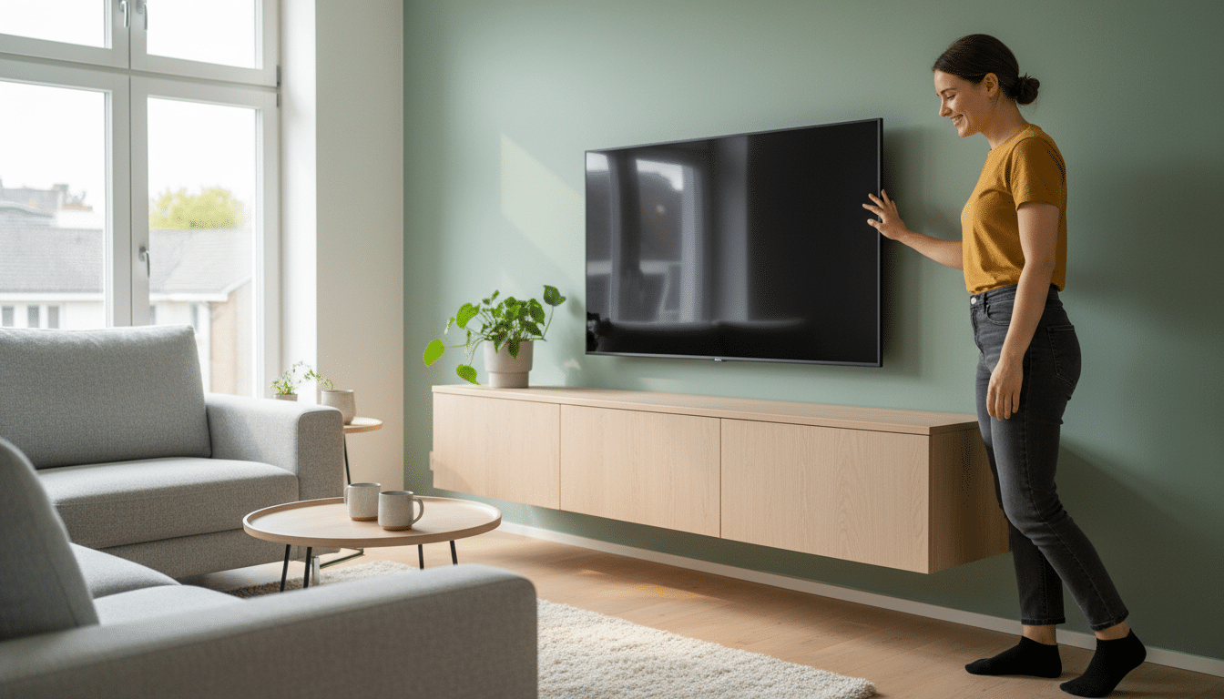 Personne ouvrant un meuble TV flottant design et épuré