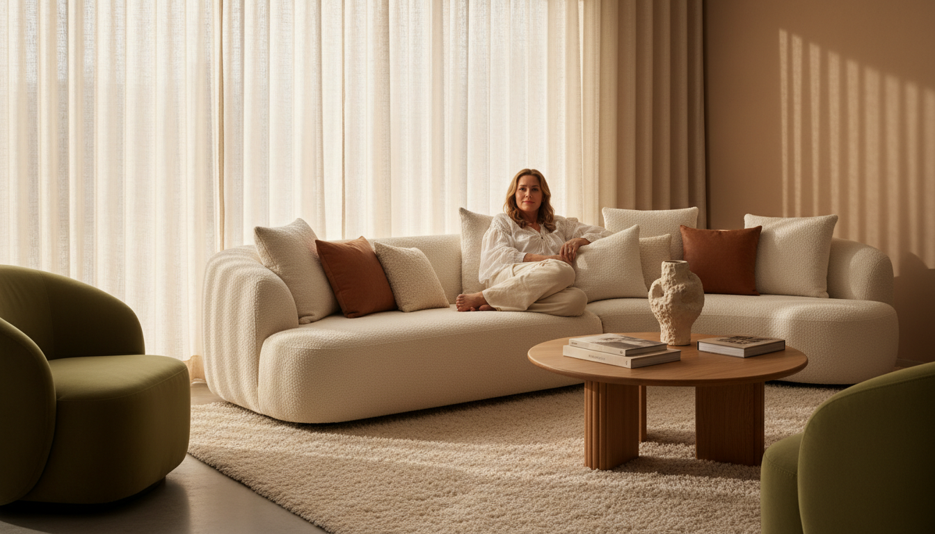 Femme installée dans un canapé marshmallow arrondi en bouclette