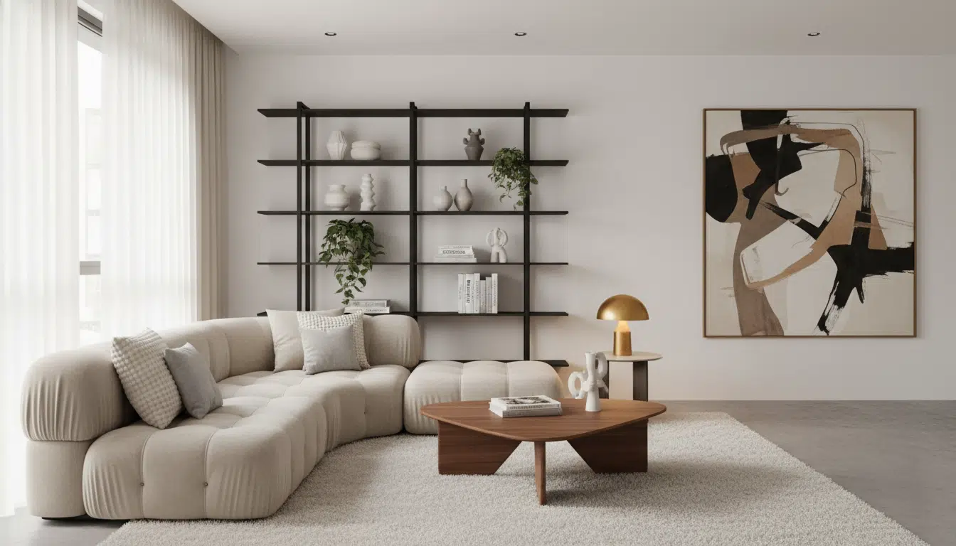 Salon tendance marshmallow avec meubles ronds et contrastes design