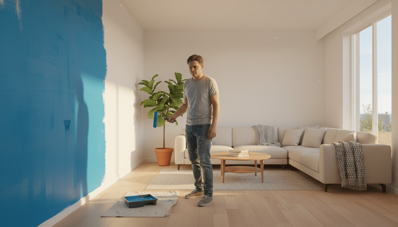 Salon avec un seul mur d'accent bleu et murs blancs