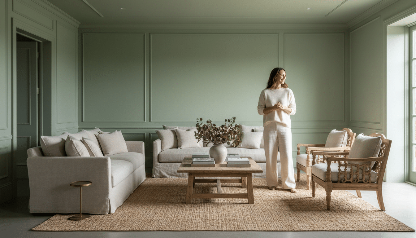 Salon entièrement peint en vert sauge avec mobilier naturel