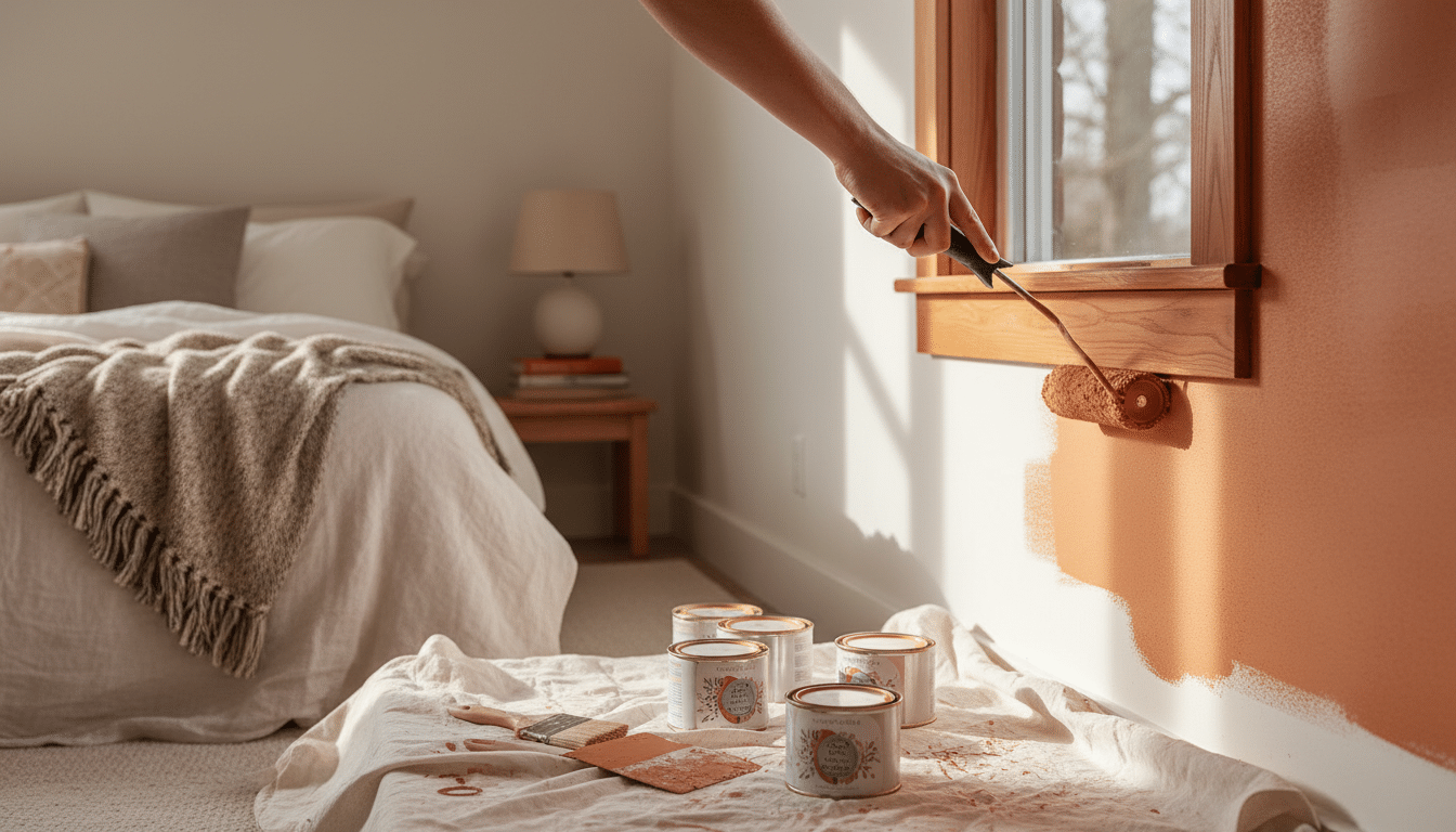 Application de peinture terracotta au rouleau sur un mur