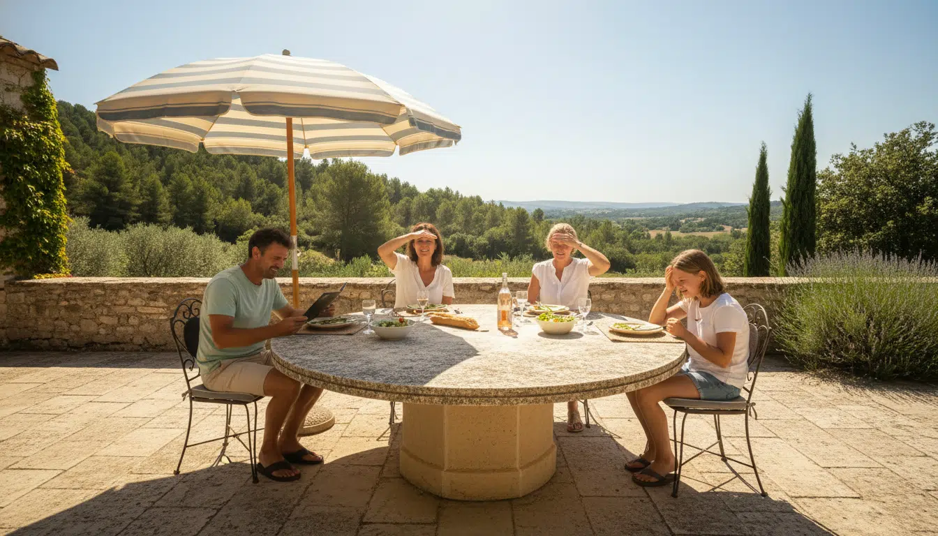 Famille en terrasse avec un parasol insuffisant en plein soleil