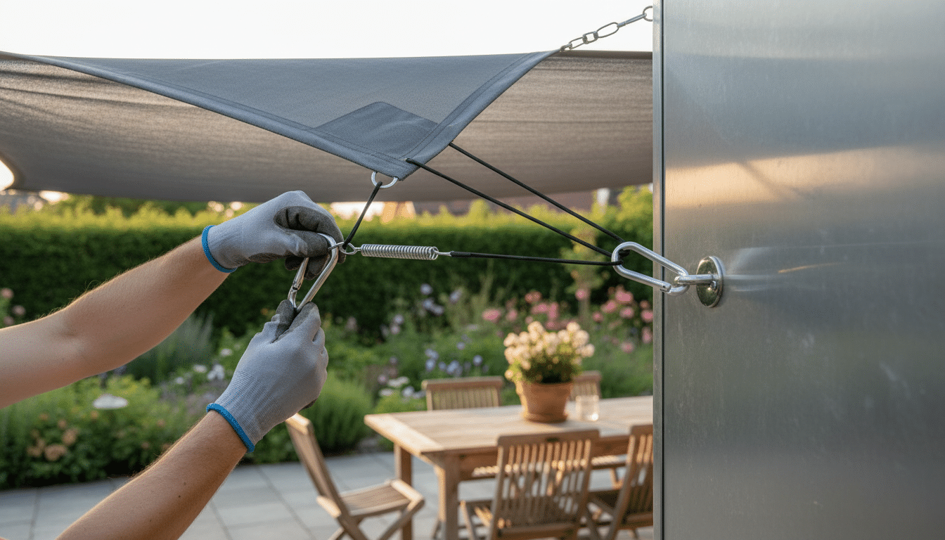 Installation d'une voile d'ombrage avec mousqueton et câble de tension