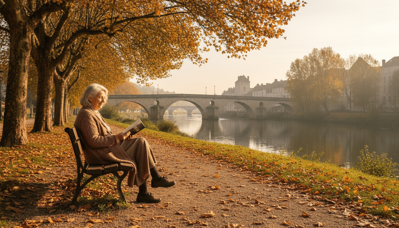 Retraitée lisant au bord de la Vienne à Limoges