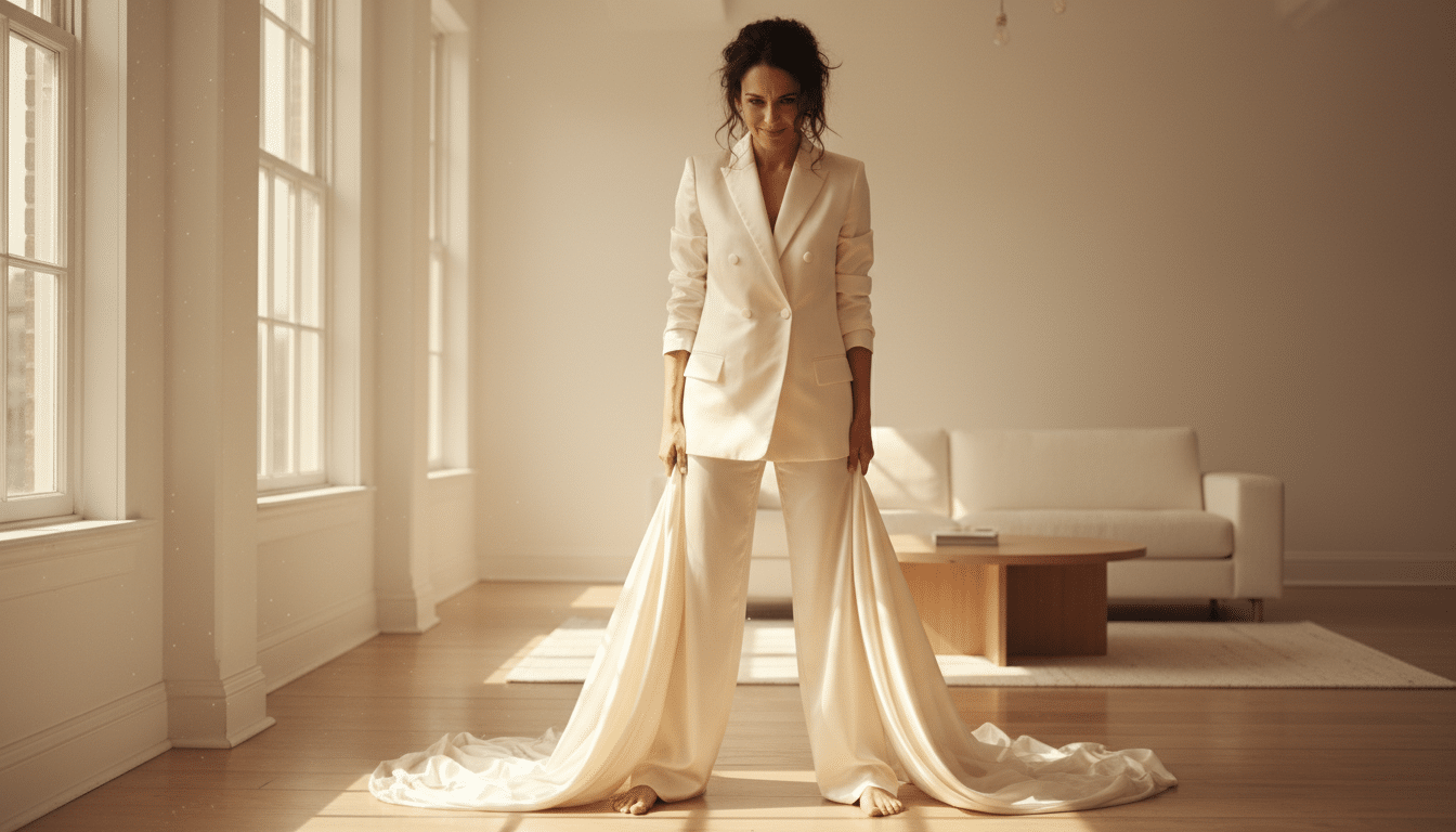 Femme portant un pantalon palazzo trop long qui traîne au sol