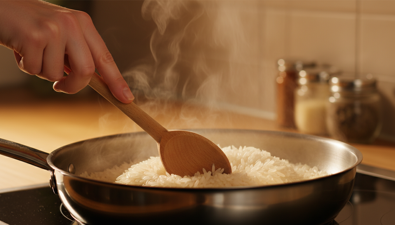 Personne faisant griller du riz dans une poêle