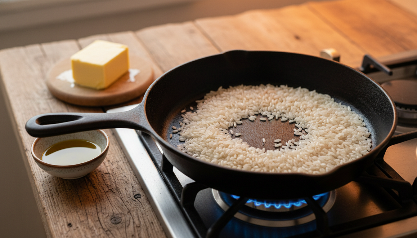 Grains de riz torréfiés à sec dans une poêle