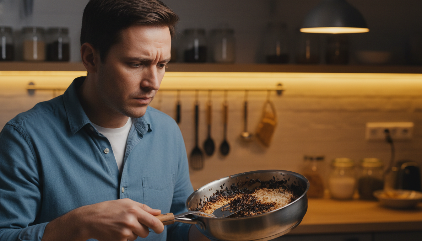Riz brûlé collé au fond d'une casserole