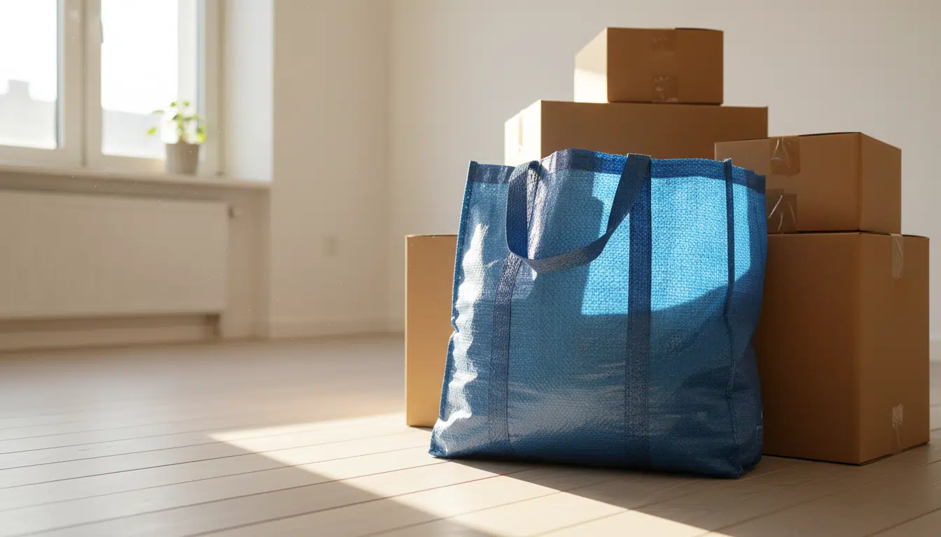 Sac bleu Ikea Frakta posé près de cartons de déménagement