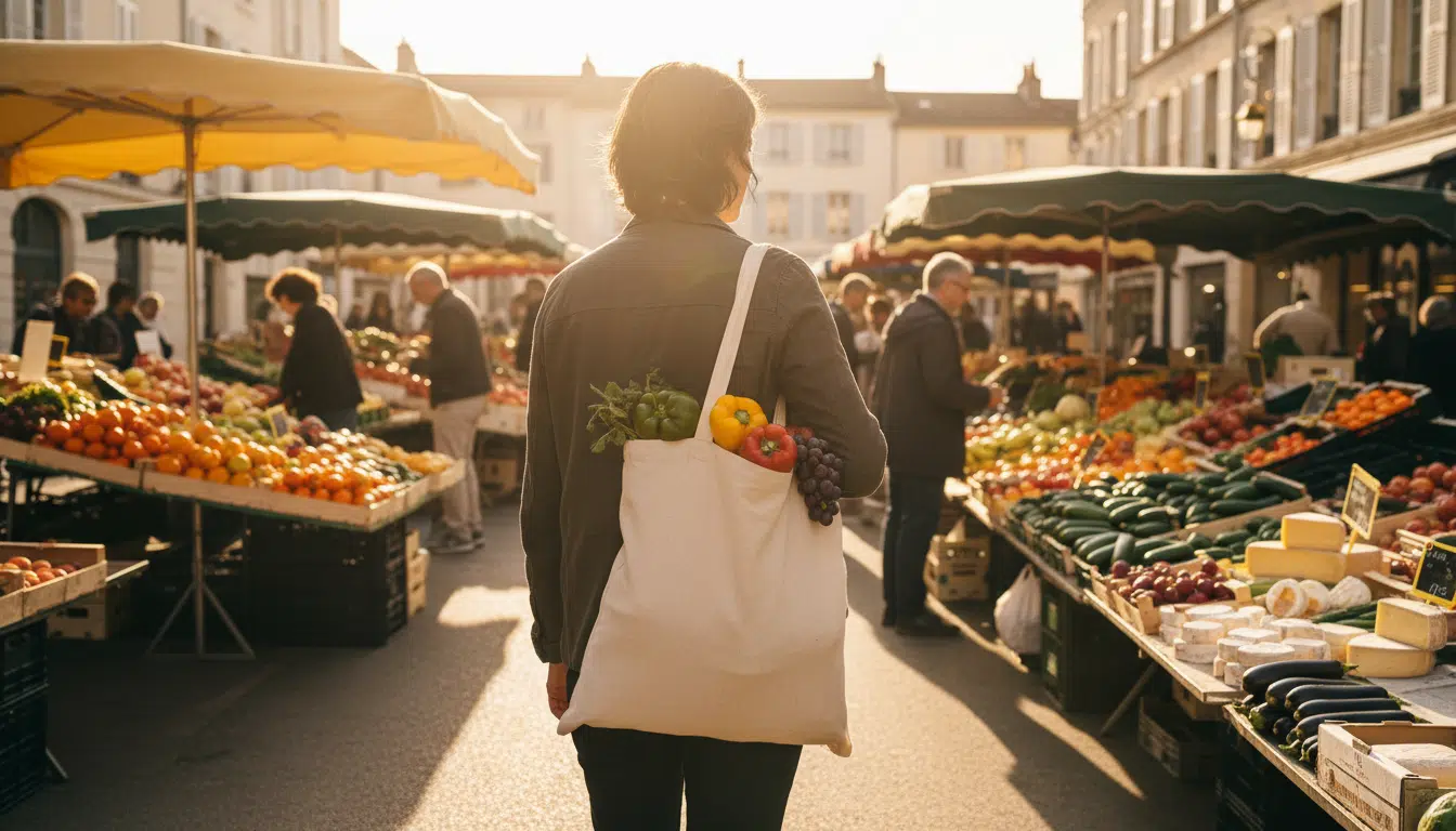 Sac en coton beige porté à l'épaule au marché