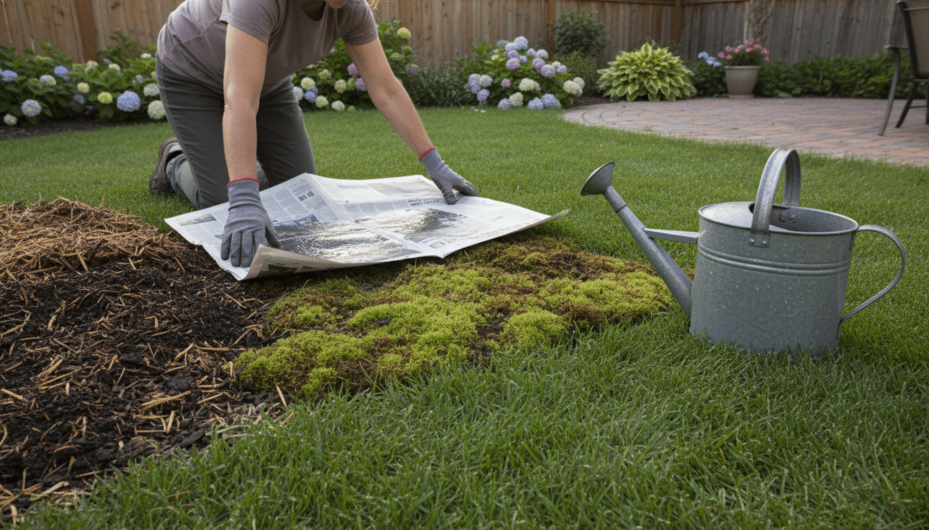 Jardinier posant du papier journal humide sur la mousse