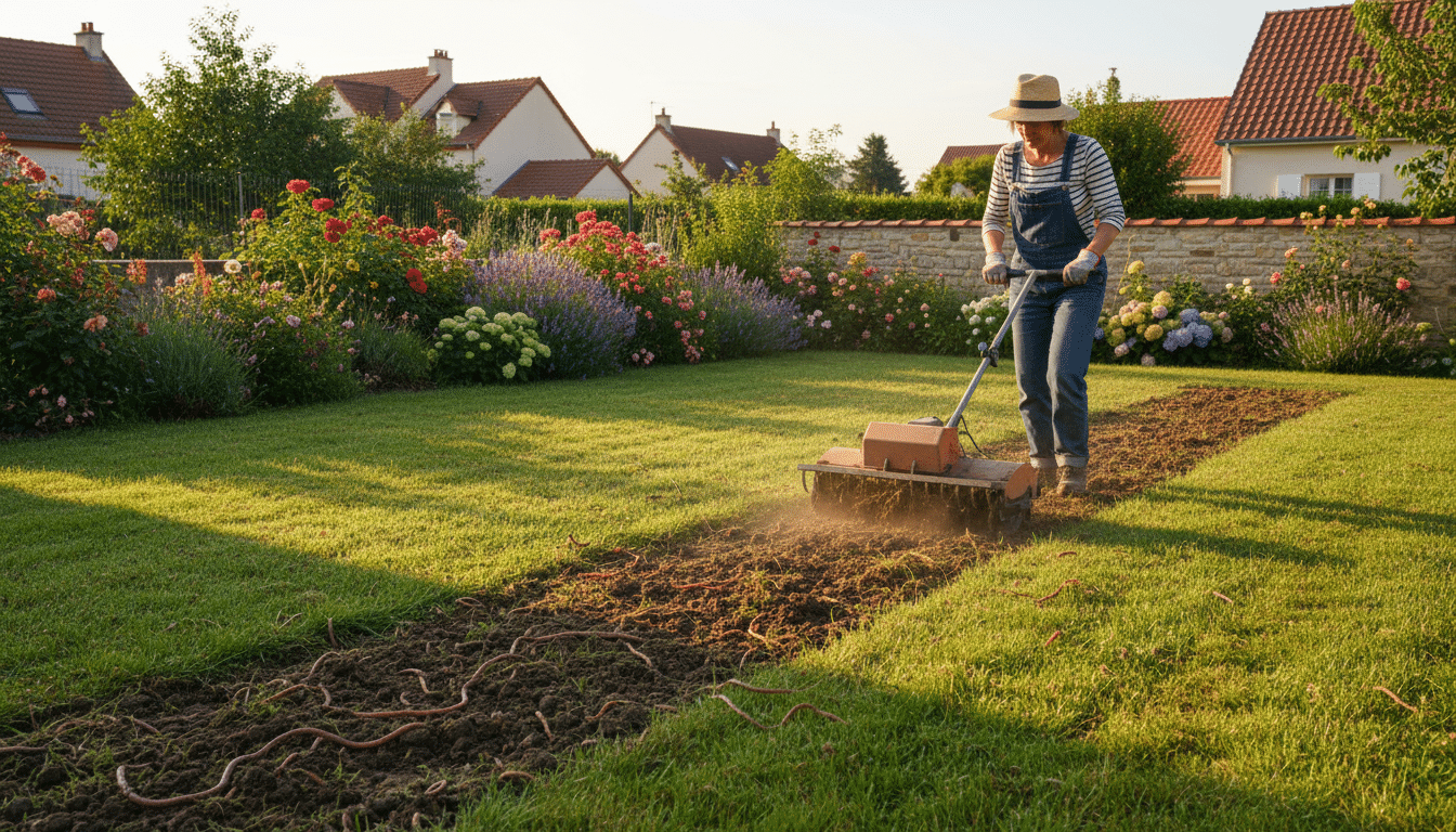 Scarification manuelle d'une pelouse au printemps