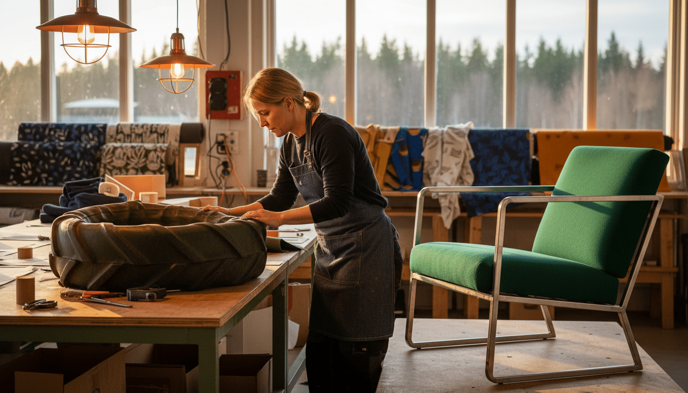 Designer examinant une chambre à air de tracteur verte en atelier