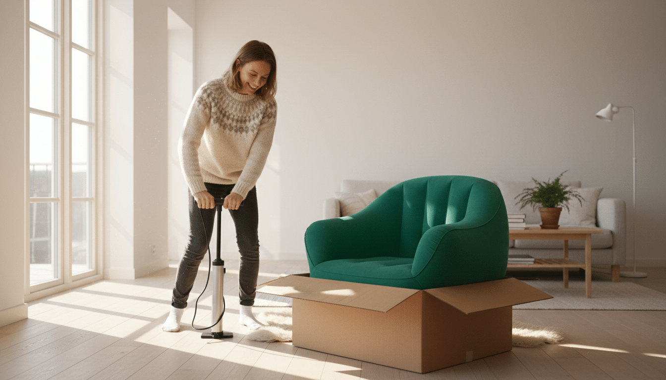 Personne gonflant le fauteuil IKEA PS 2026 avec une pompe à pied