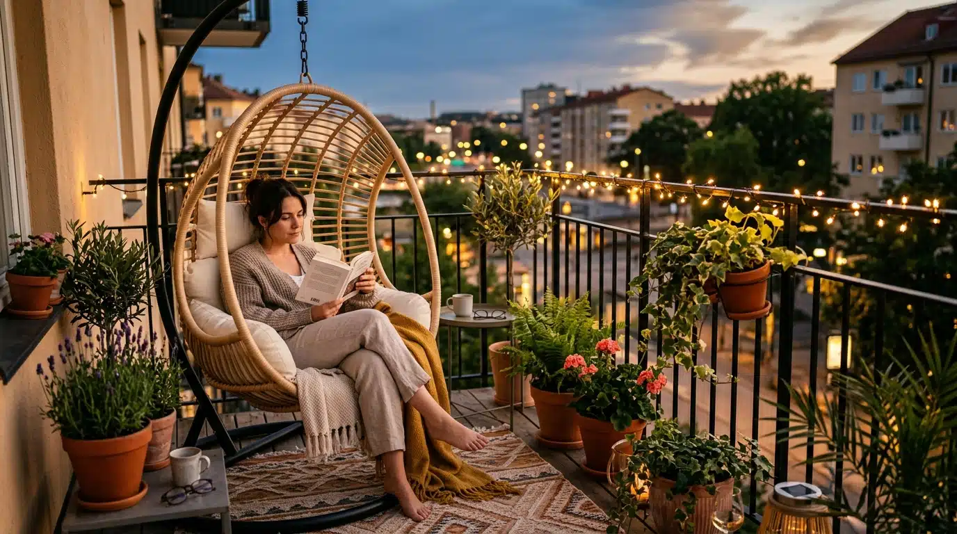 Fauteuil suspendu installé sur un petit balcon urbain décoré