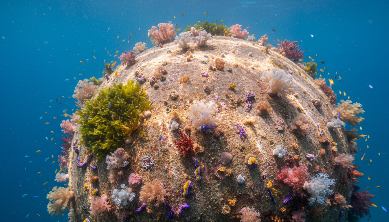 Coraux et algues colonisant la surface d'une sphère en béton imprimée en 3D