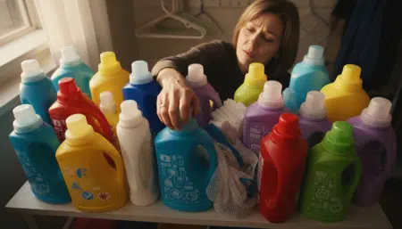Étagère encombrée de bidons de lessive industrielle