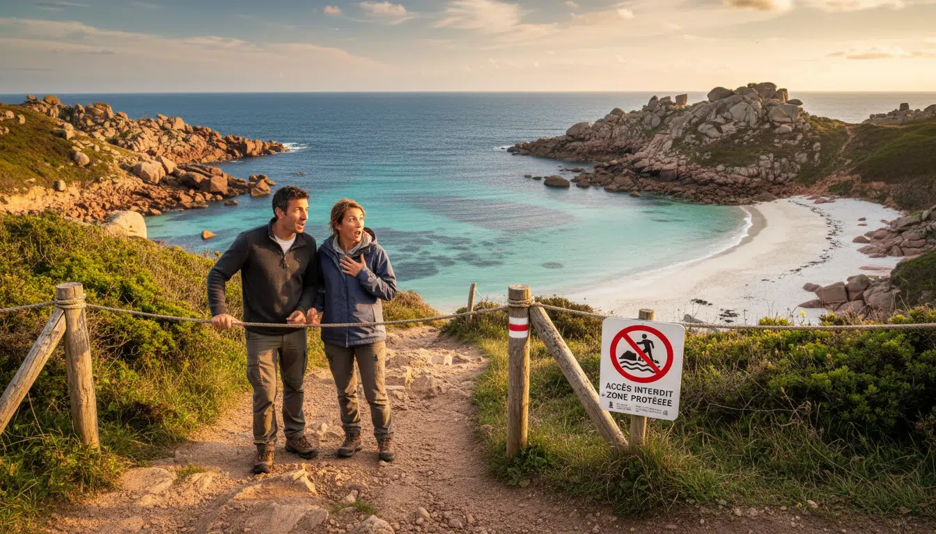 Randonneurs admirant la plage interdite depuis le sentier côtier
