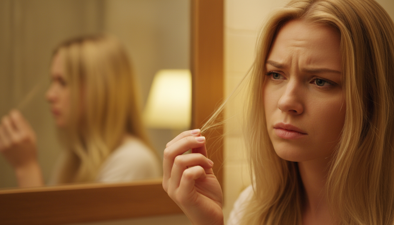 Femme touchant ses cheveux fins et abîmés devant un miroir