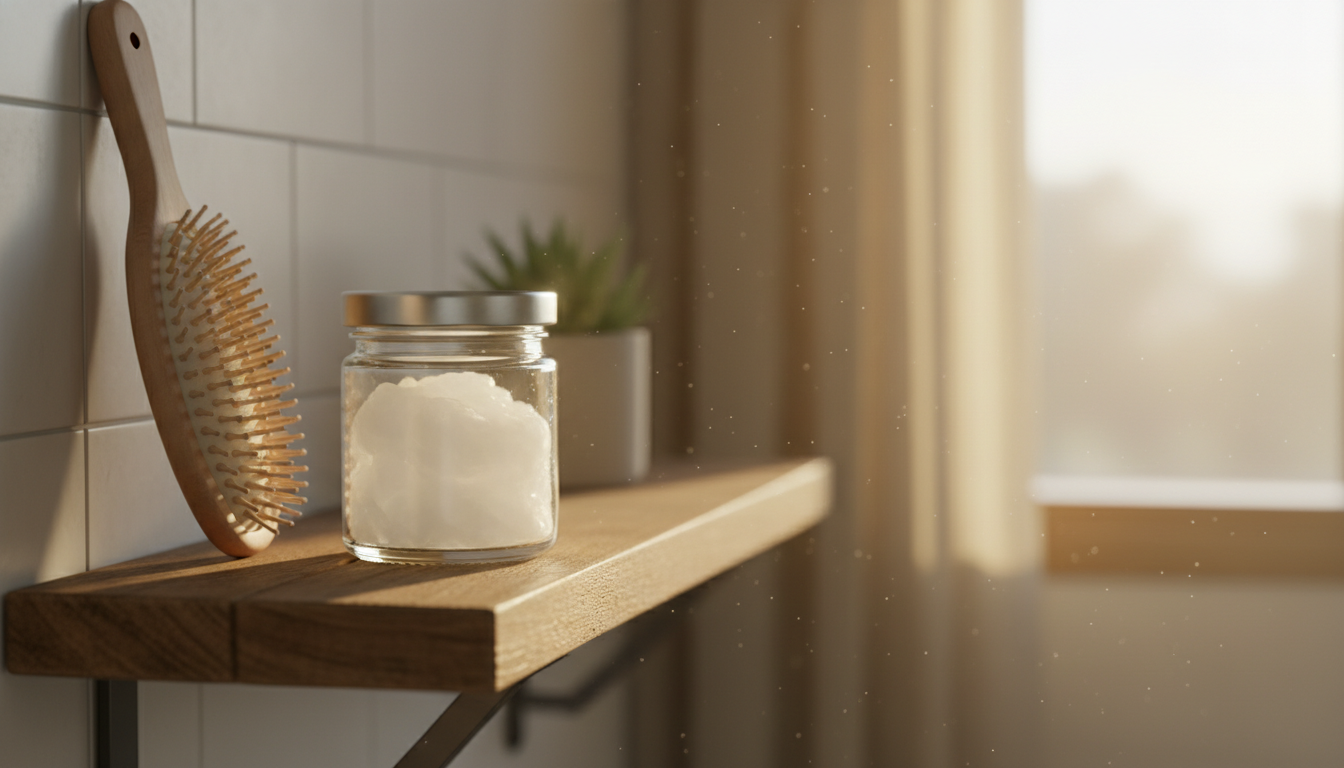 Pot d'huile de coco vierge posé sur une étagère de salle de bain