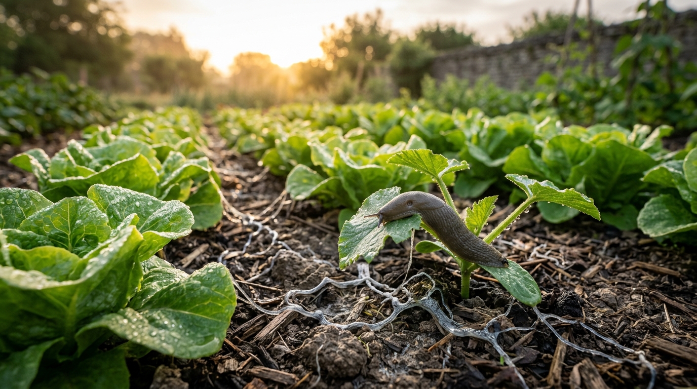Traces de limaces sur des salades au potager à l'aube