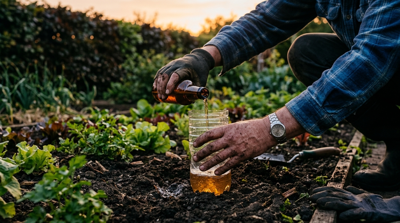 Jardinier enterrant un piège à bière en bouteille au potager
